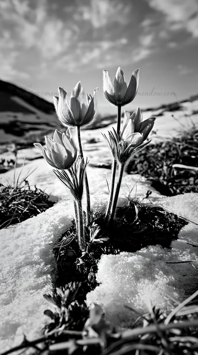 Flowers grow through snow in a highland meadow. The landscape shows a mix of snow and grass, with mountains in the background. This scene captures spring blooms