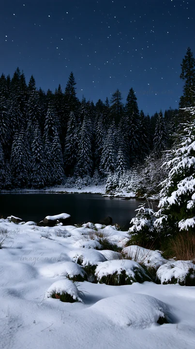 A lakeside meadow covered in snow, with frosty rocks and tall pine trees surrounding the area. The night sky is filled with stars, creating a quiet atmosphere i
