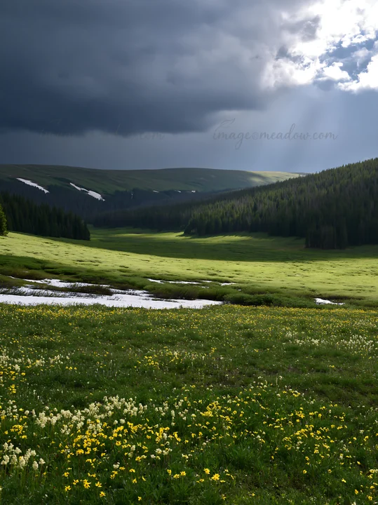 A rocky mountain park meadow features green grass and scattered yellow flowers under dark storm clouds. Snow can be seen on the mountain slopes in the backgroun