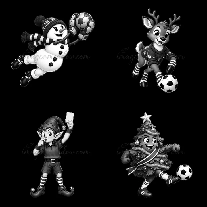 Four cartoon characters celebrate Christmas while playing soccer. A snowman goalkeeper catches the ball. A reindeer dribbles. An elf holds a card, and a Christm