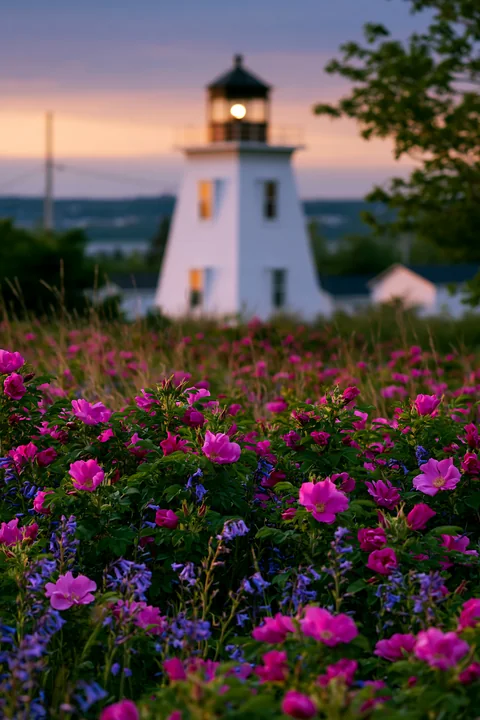 Soft-focus lighthouse with a glowing lamp rises behind pink and purple spring wildflowers at dusk.