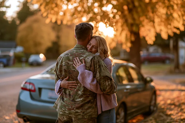 Soldier in camouflage embraces a woman beside parked cars on a residential street at sunset.