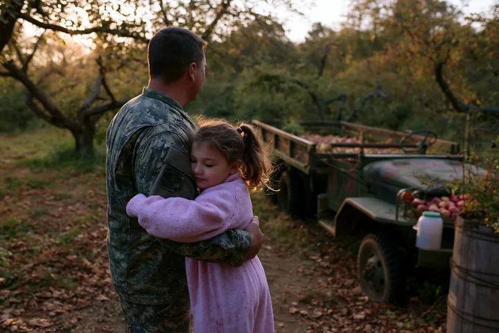 Soldier in camouflage embraces a young child in a wooded area beside a utility vehicle at sunset.