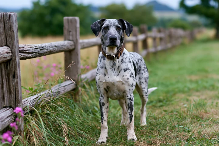 Spotted black and white dog standing beside a rustic wooden fence in a grassy rural setting.