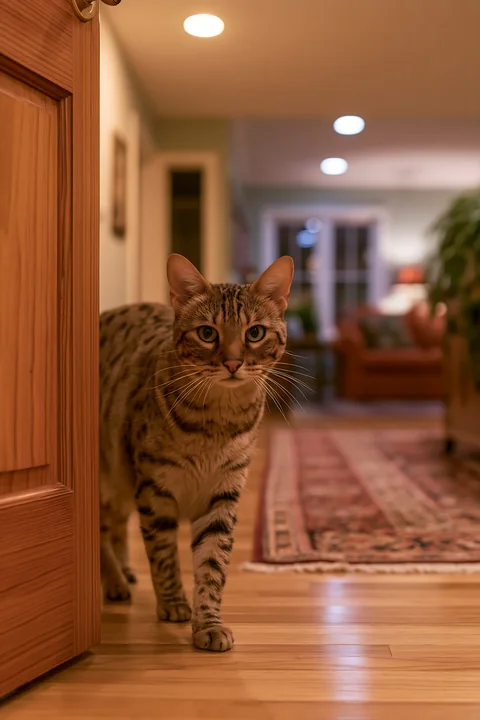 Spotted cat walks through a doorway into a warmly lit home interior with hardwood floors and a patterned rug.