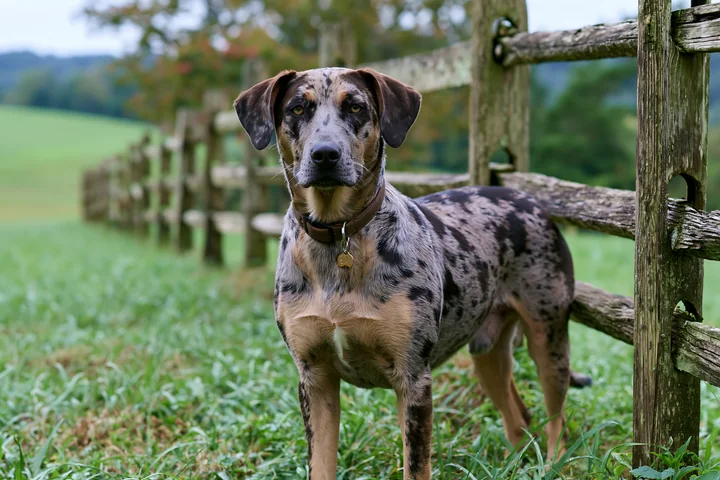 Spotted dog standing beside a rustic wooden fence in a green rural field.
