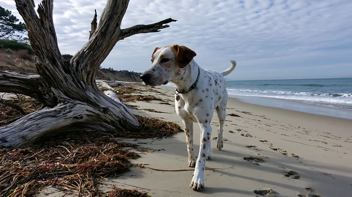 Spotted dog walking beside driftwood on a sandy beach with ocean waves and a cloudy sky.