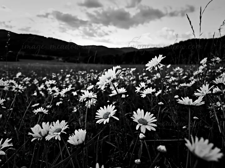 A field of daisies blooms in a spring meadow. The flowers stand tall against a backdrop of mountains and a cloudy sky during dusk.
