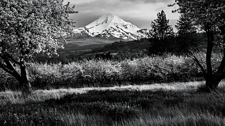 Blossoming trees fill the meadow in spring. A snow-capped mountain stands in the distance under a cloud-covered sky. The scene captures the essence of nature's