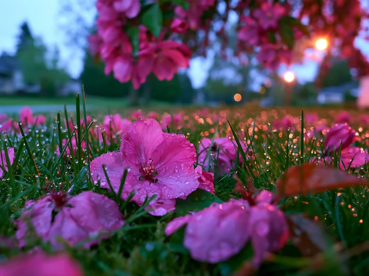 Spring trees with fallen petals on grass create a colorful carpet under the fading light.