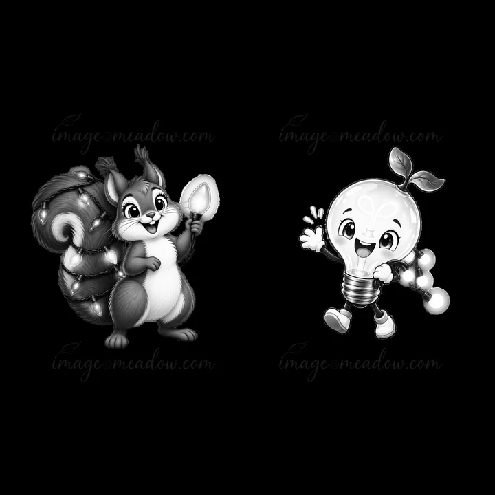 A cheerful squirrel stands holding a light bulb in one paw, while a smiling character with a light bulb head waves with excitement. Both figures are designed in