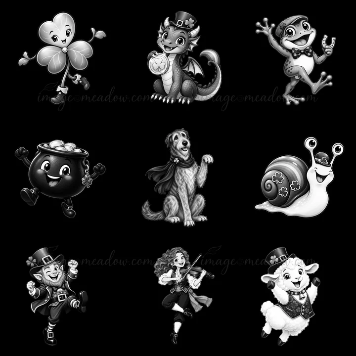 A set of nine cartoon stickers features a clover, dragon, frog, pot of gold, dog, snail, leprechaun, violinist, and sheep. Each character adds playful energy to