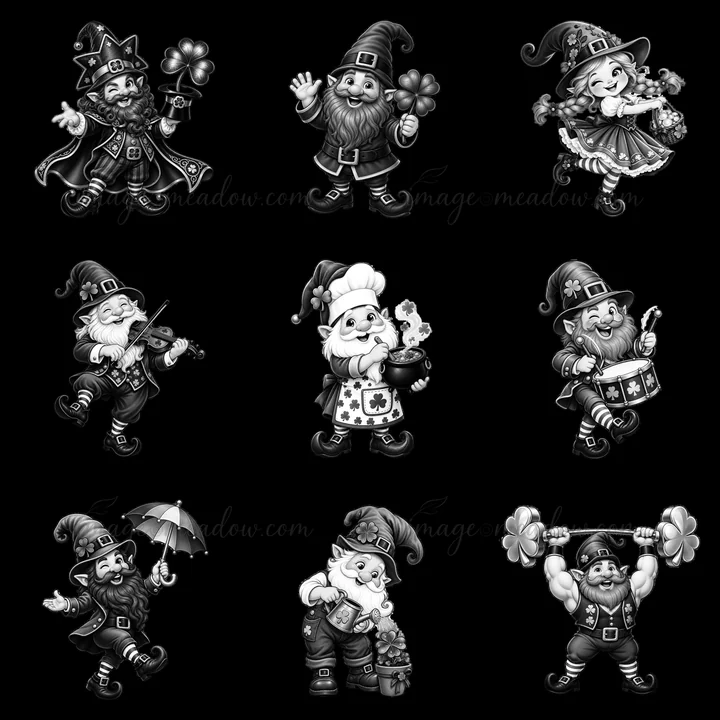 Nine cartoon gnomes celebrate St. Patrick's Day with various activities. They hold shamrocks, play instruments, and wear festive outfits. Each gnome has a uniqu