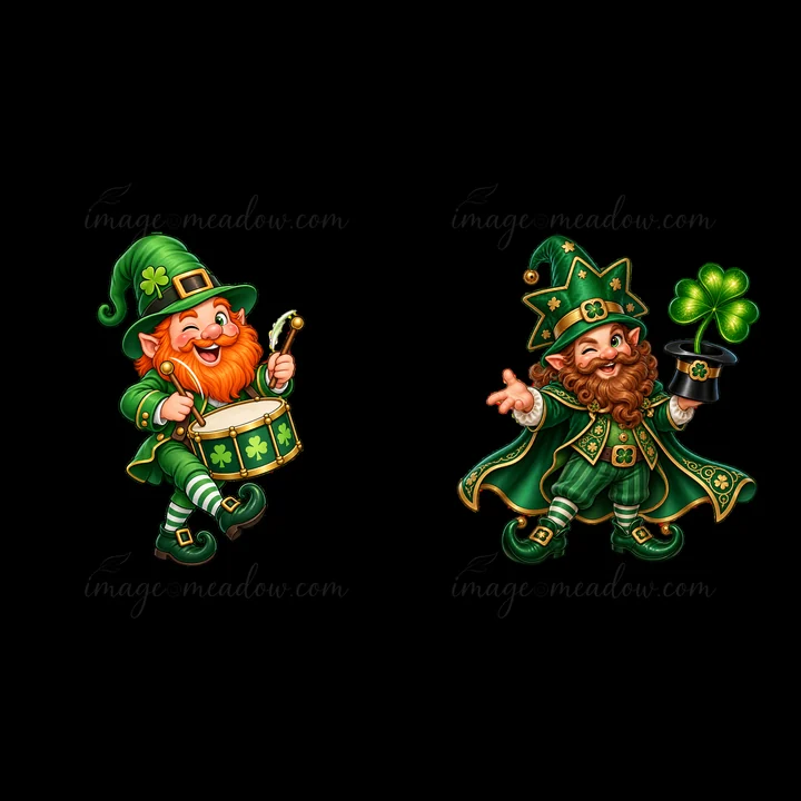 Two cartoon gnomes celebrate St. Patrick's Day. One plays a drum, while the other shows off a shamrock in a pot. Both wear green outfits and hats with symbols o
