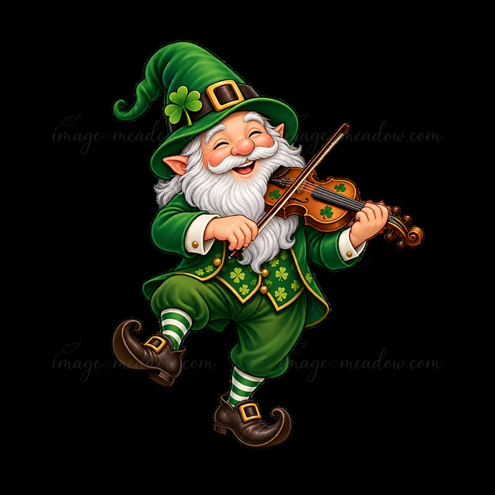 A cheerful gnome dressed in green plays a violin. His outfit features shamrocks, and he has a white beard and a tall hat. The scene captures a festive spirit as