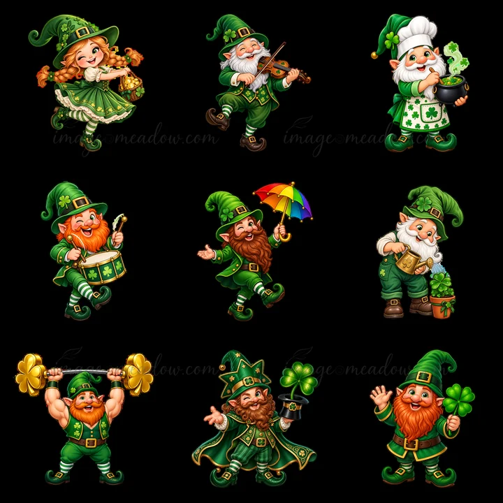 Nine colorful gnomes are engaged in various festive activities for St. Patrick's Day. They dance, play music, hold an umbrella, and show off their strength, all