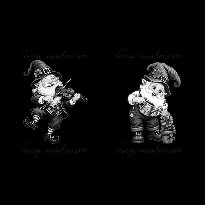 Two gnomes celebrate St. Patrick's Day. One plays a violin while the other holds a pot of flowers. Both wear hats and festive clothing. Their cheerful actions c