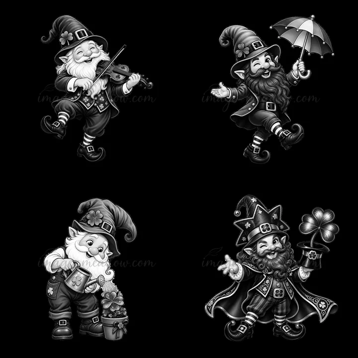 Four gnomes celebrate St. Patrick's Day. One plays a violin, another dances with an umbrella, a third holds a flower pot, and the fourth displays a shamrock. Ea