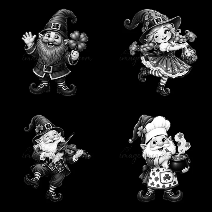 Four gnomes celebrate St. Patrick's Day in monochrome. One gnome holds a clover, another plays a violin, a girl carries flowers, and the last stirs a pot. Each