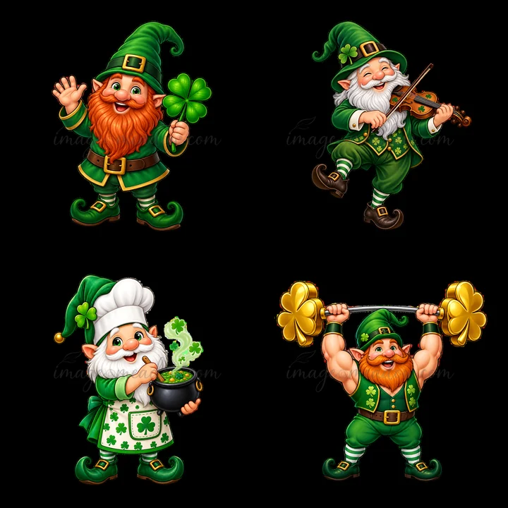 Four playful gnomes celebrate St. Patrick's Day. One waves a shamrock, another plays a violin, a third stirs a pot, and the last lifts weights, all in bright gr