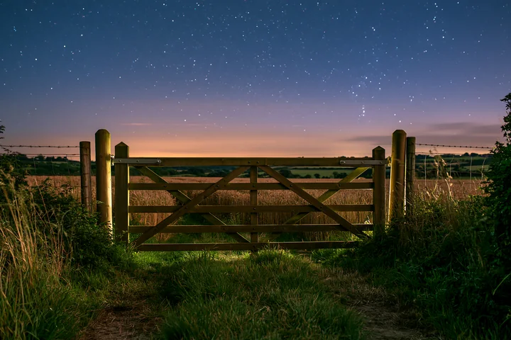 Stars fill the night sky above a wheat field, while an open wooden gate stands at the edge of the path.