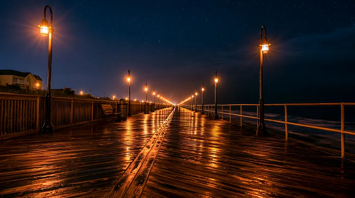Stars fill the sky above a wooden boardwalk lined with lights.