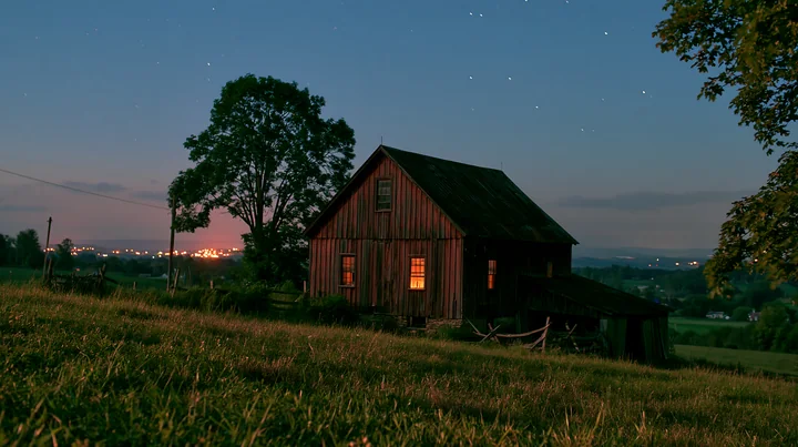 Stars shine brightly in the night sky above a rustic barn in the countryside.