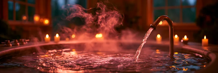 Steam rises from a hot tub filled with water, illuminated by soft candlelight.