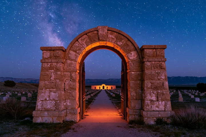 Stone archway opening onto a cemetery beneath a starry night sky, with mountains and rows of headstones beyond.