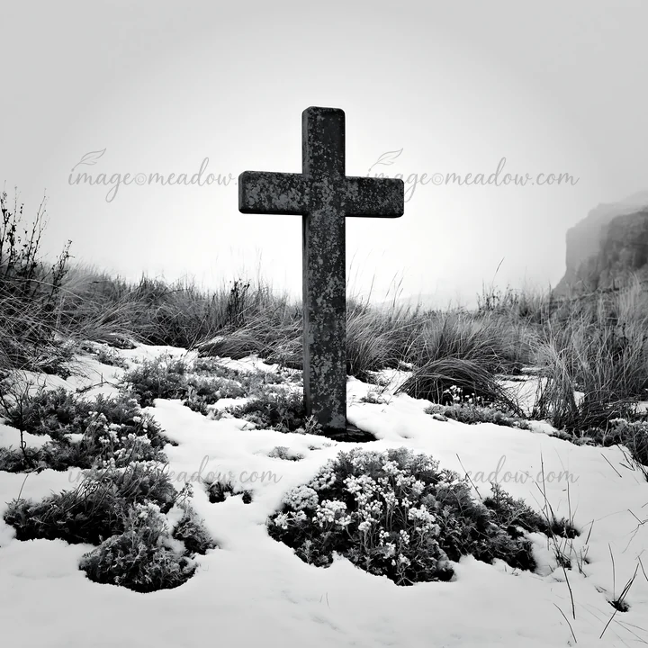 A stone Christian cross stands alone in a snowy meadow. The surrounding grass and wild plants are covered by fresh snow. The scene captures a quiet and cold win
