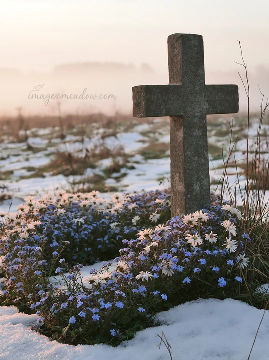 A stone Christian cross stands in a snowy meadow. Flowers surround the base of the cross. The scene shows early morning light and fog in the distance, highlight