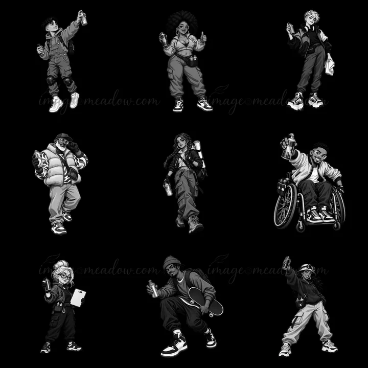 This artwork displays nine unique cartoon characters in streetwear. They showcase diverse styles and accessories, standing in dynamic poses, reflecting an urban