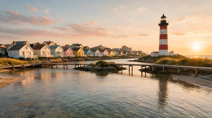Striped lighthouse beside colorful beach cottages and calm water at sunset