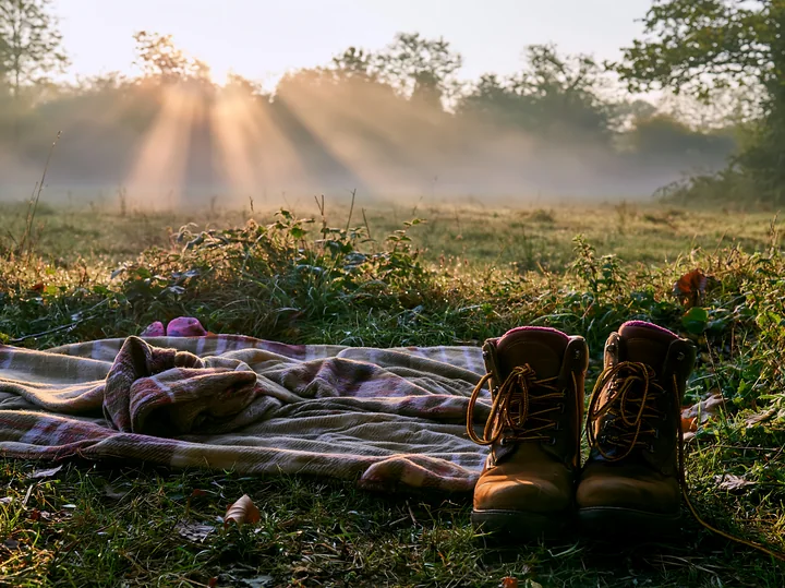 Sunbeams over a misty meadow highlight a blanket and a pair of boots.