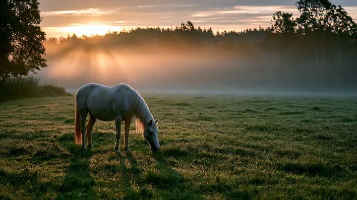 Sunbeams over a misty meadow highlight a white horse grazing in lush grass during early morning hours.