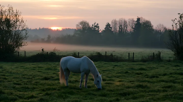 Sunbeams over a misty meadow highlight a white horse grazing in tall grass during dawn.