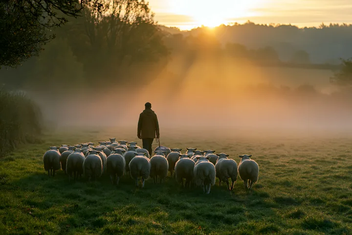 Sunbeams over a misty meadow illuminate a shepherd guiding a flock of sheep as they move through the grass.