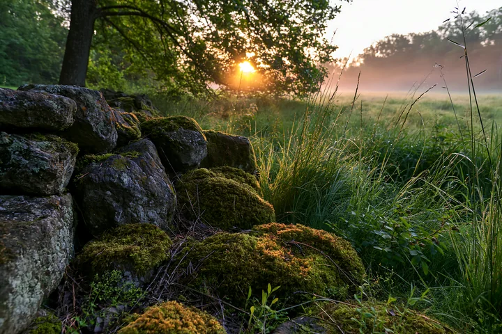 Sunbeams over a misty meadow illuminate the lush green grass and moss-covered stones at dawn.