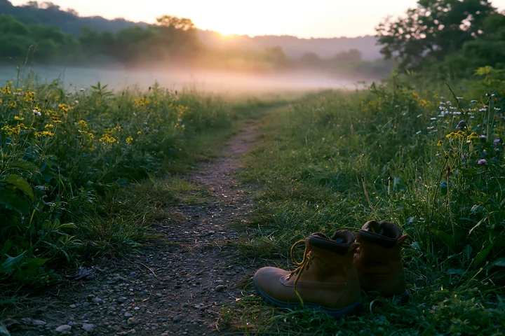 Sunbeams over a misty meadow shine down on boots beside a dirt path, surrounded by tall grass and wildflowers during early morning light as the sun rises above