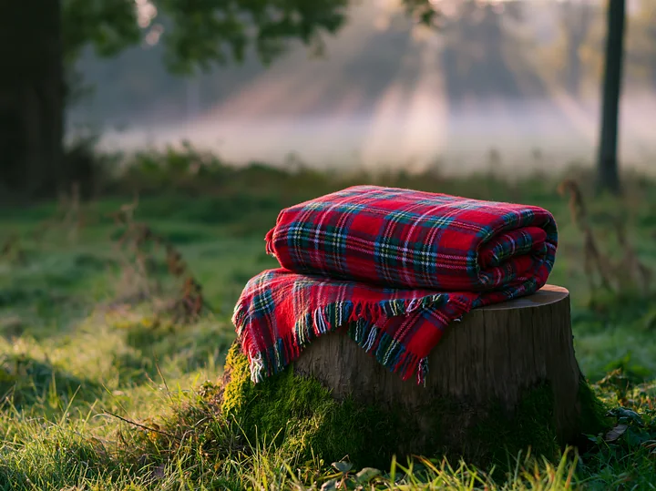 Sunbeams over a misty meadow shine on a tartan blanket placed on a tree stump, surrounded by grass and trees.