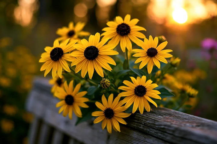 Sunflowers grow vibrant and yellow along a wooden fence during sunset.