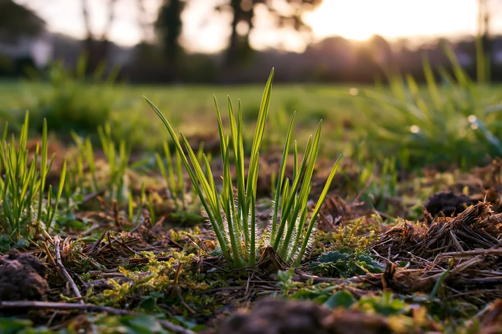 Sunlit green grass grows in a meadow alongside railway tracks, with blurred vegetation and a warm sunset background.