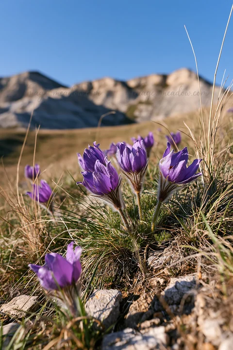 Purple flowers grow in a sunny chalk meadow surrounded by hills. The scene shows bright colors under clear blue skies, capturing the beauty of nature. This sett