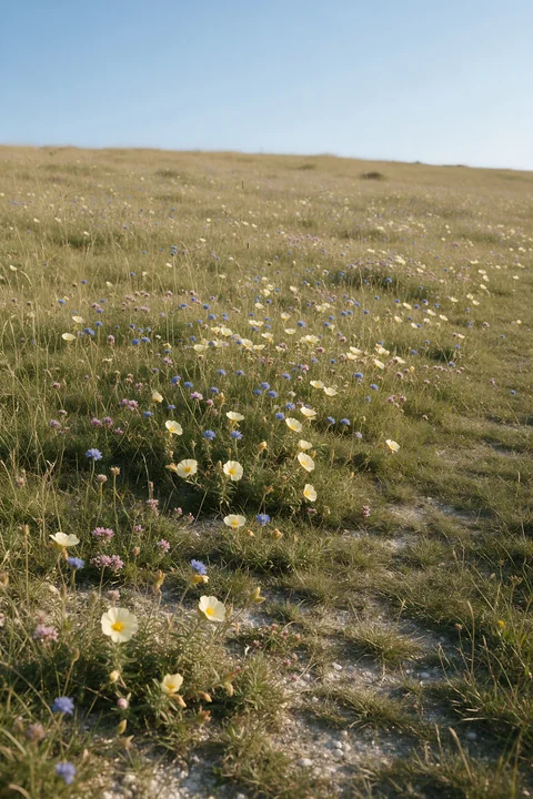 A sunny chalk meadow is filled with wildflowers and an open pathway. The blue sky above highlights the vibrant colors of the flowers and the lush green grass. P