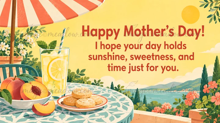 A warm illustrated Mother's Day greeting with a personal message, set beside lemonade, peaches, and cookies on a sunny patio overlooking a lake.