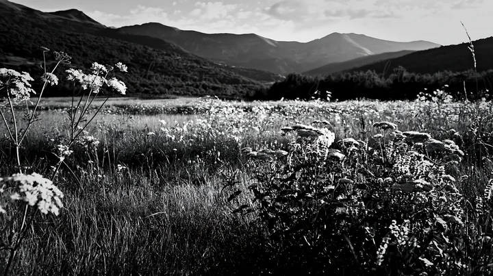 A flower meadow filled with umbel flowers stretches under the sun. Mountains rise in the background, creating a beautiful landscape in a natural setting. The sc