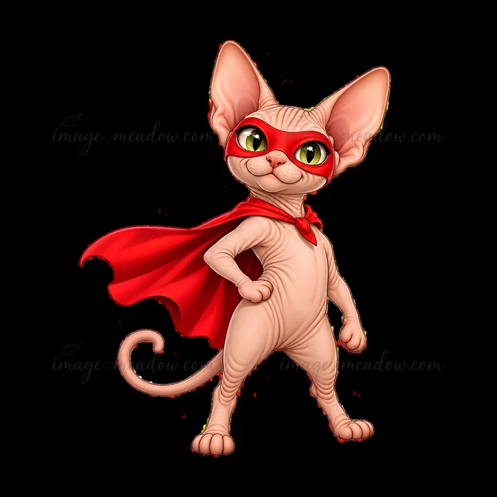 A cat stands upright, wearing a red cape and glasses. Its expression shows determination. The cat has a light-colored coat and a curled tail, suggesting a playf