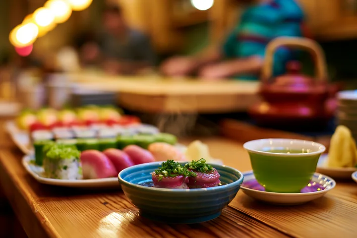 Sushi beside steaming green tea is presented on a wooden table in a cozy restaurant.