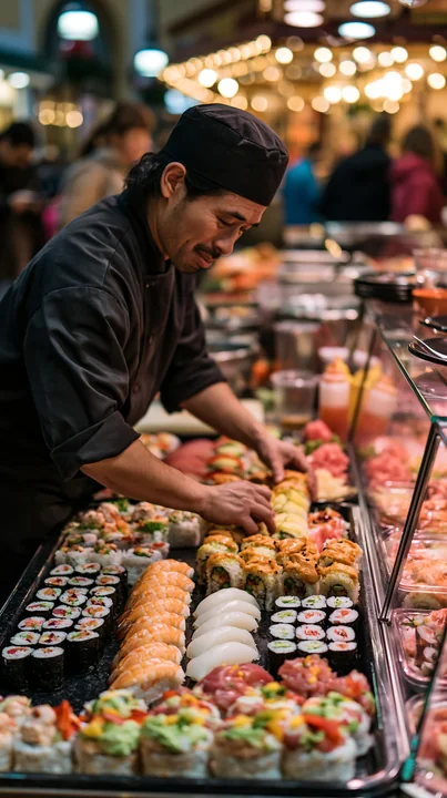 Sushi chef arranges assorted sushi at a brightly lit food counter.
