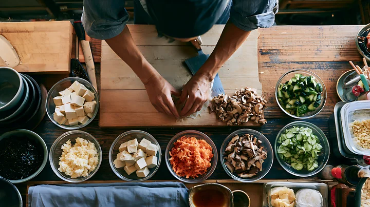Sushi chef chops mushrooms at a workstation surrounded by organized bowls of ingredients.